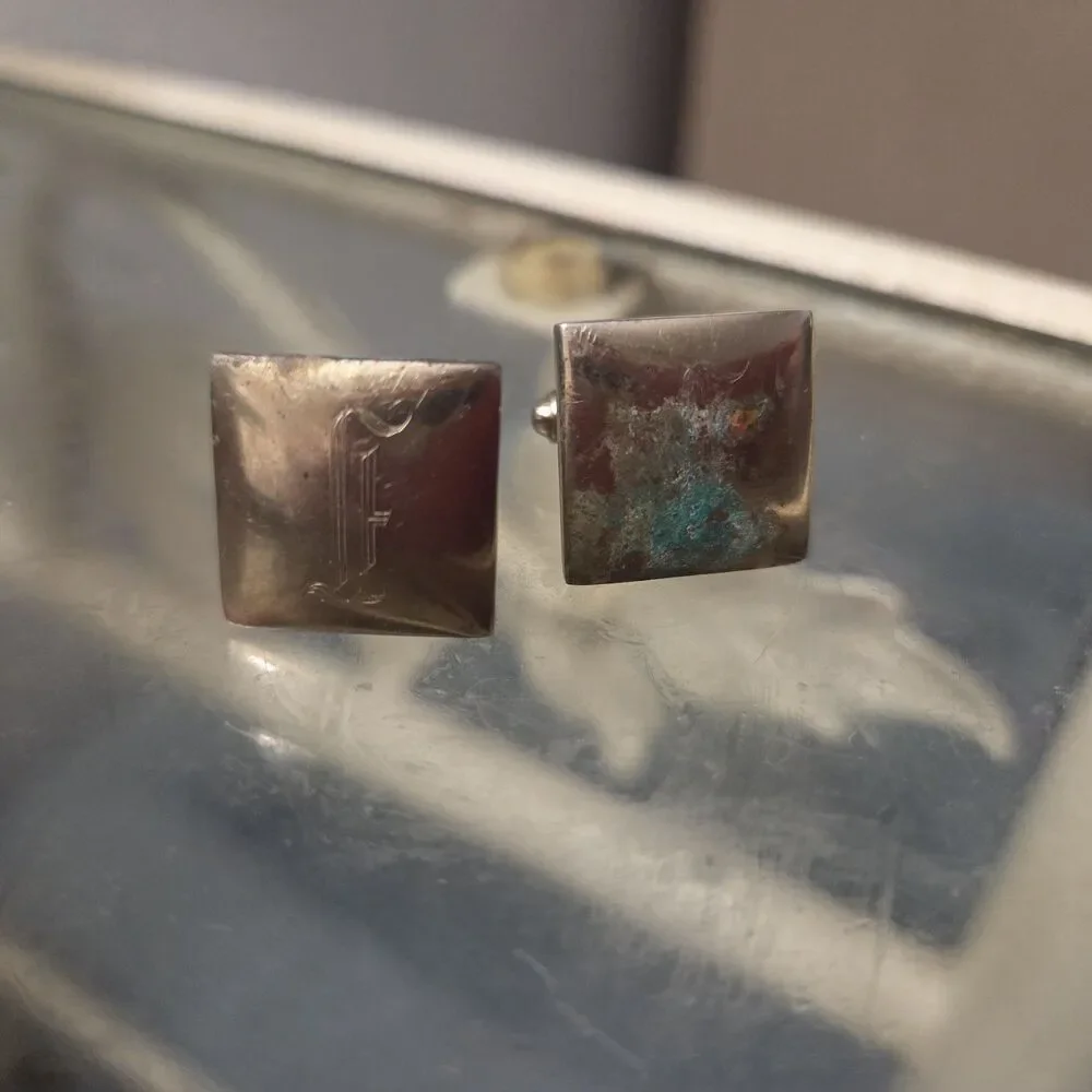 Vintage Mens Initial J Gold Tone Square Cufflinks 1950s Mid Century Swivel Back